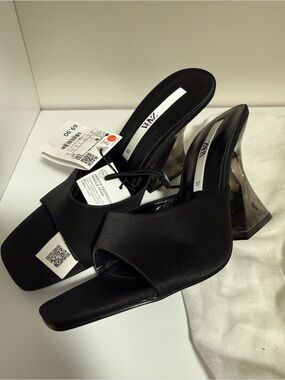 ZARA Satin Shoes Zara Black Square-Toe Slide WedgesHeels